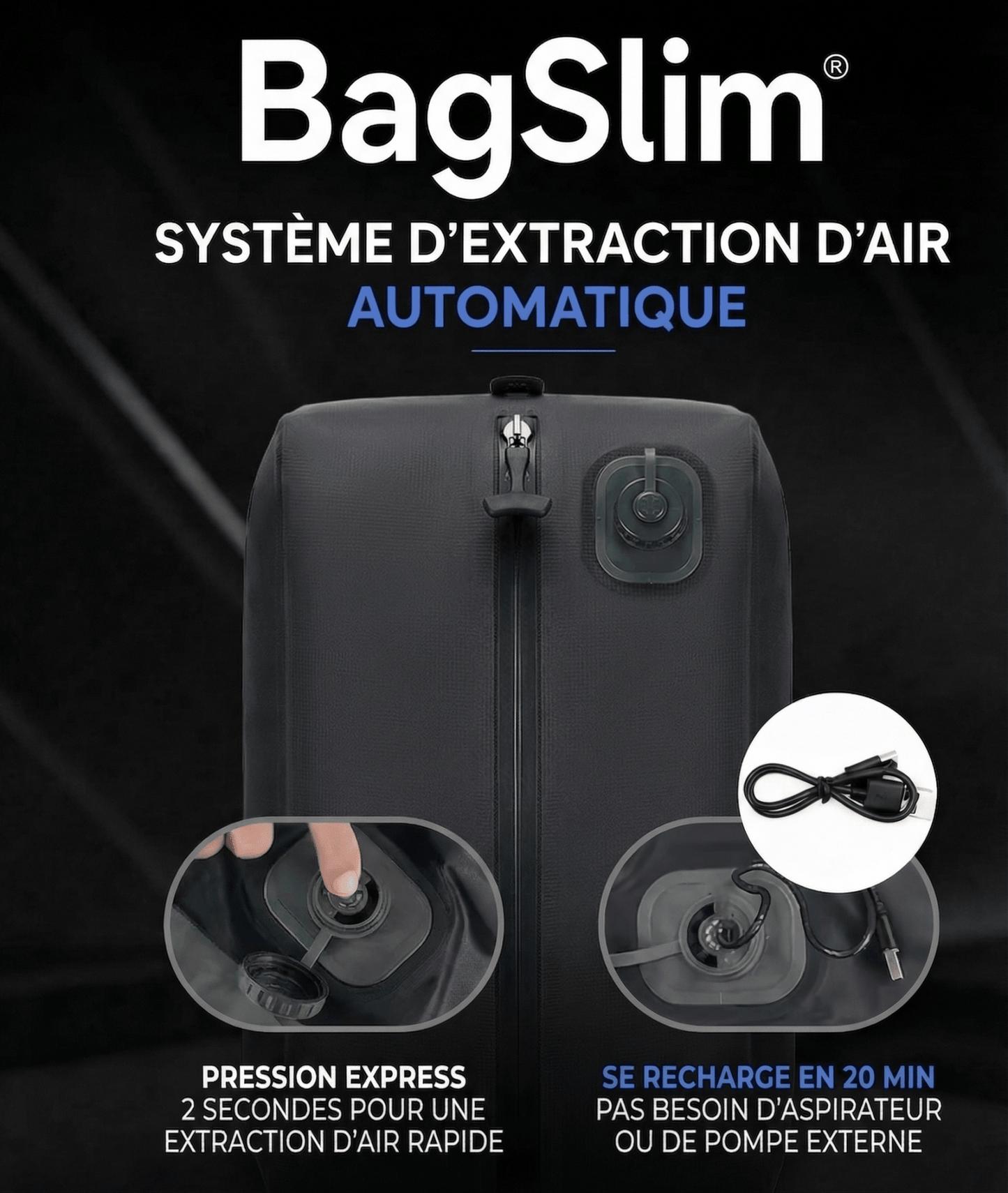 Sac de compression voyage automatique pompe USB - C intégrée BagSlim - BagSlim - Nom du produit - caractéristique principale - marqueproduct_title - rangement bagage | BagSlim