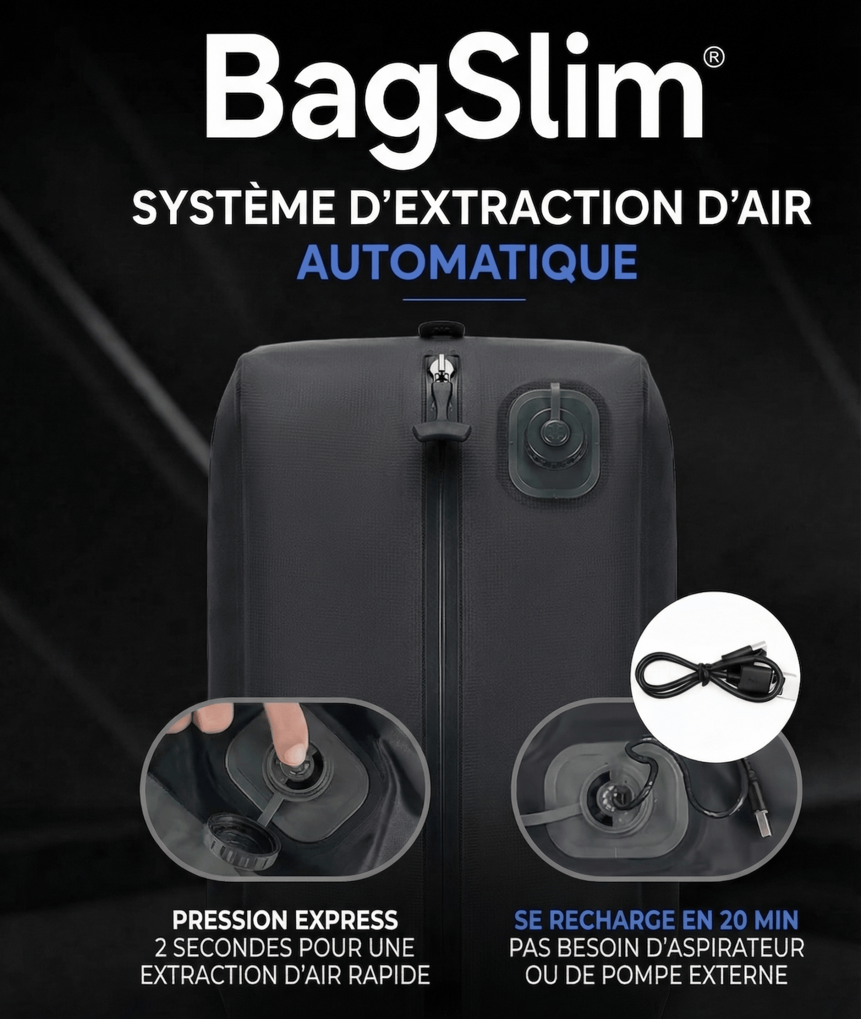 Sac de compression voyage automatique pompe USB - C intégrée BagSlim - BagSlim - Nom du produit - caractéristique principale - marqueproduct_title - rangement bagage | BagSlim