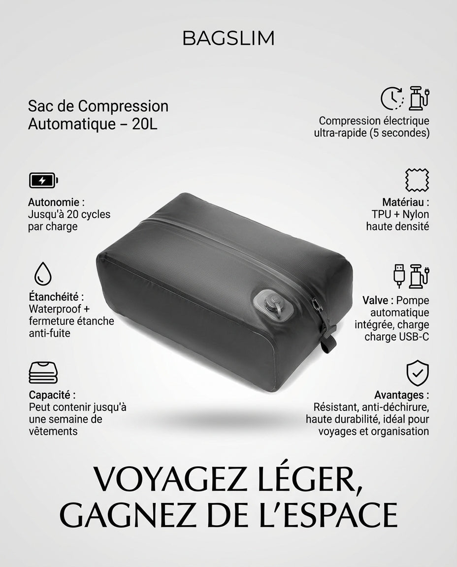 Sac de compression voyage automatique pompe USB - C intégrée BagSlim - BagSlim - Nom du produit - caractéristique principale - marqueproduct_title - rangement bagage | BagSlim
