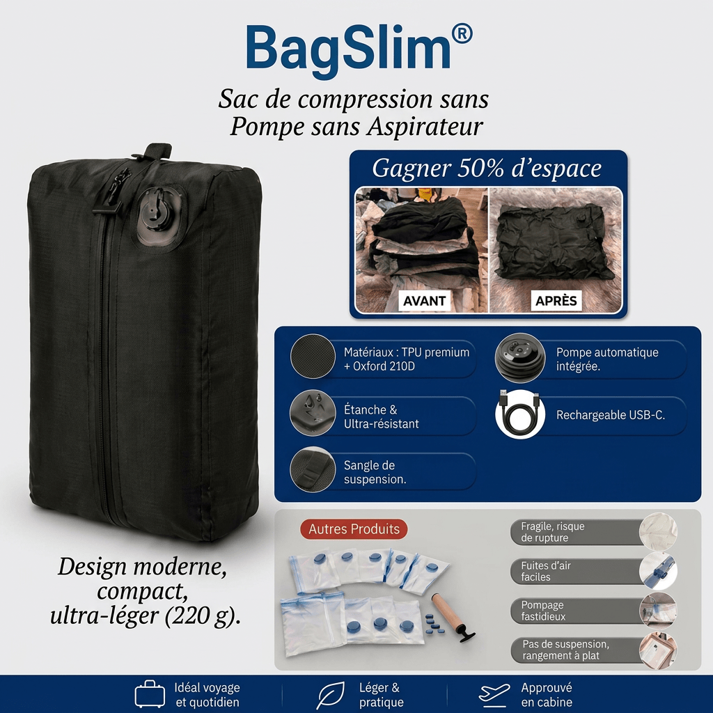 Sac de compression voyage automatique pompe USB-C intégrée BagSlim - BagSlim - Nom du produit - caractéristique principale - marqueproduct_title - rangement bagage | BagSlim